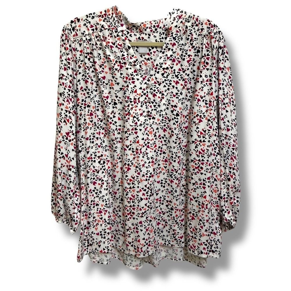 Chicos Heart Leopard Print Henley Blouse Red Pink White Size 3 XL 16/18 Rayon